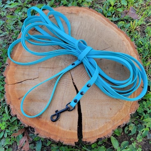 May include: A turquoise dog leash with a black metal clasp and rivets, coiled on a wooden tree stump. The leash is made of a flexible, durable material and is designed for pet owners.