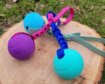 May include: Three colorful dog toys with ball-shaped ends and braided rope handles. The balls are purple, teal, and blue, with matching colored handles. The toys are designed for interactive play and are suitable for dogs of all sizes.