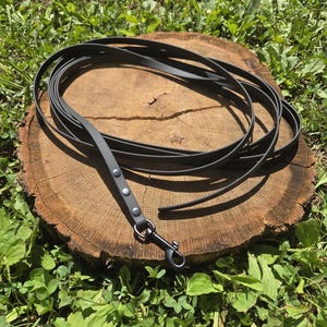 May include: A dark gray dog training leash coiled on a wooden tree stump. The leash has a metal clasp and rivets. The background is green grass and foliage. The leash is approximately 6 feet long.