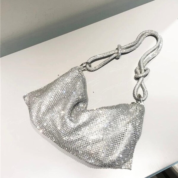 Silber Strass Diamante Knoten Schultertasche | Sehr funkelnd Perfekte Party, Geburtstag, Party, Feier Handtasche