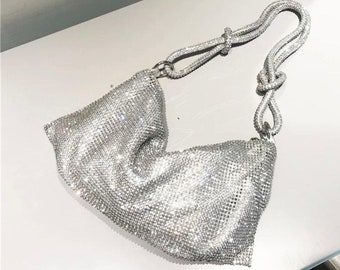 Silver Rhinestone Diamante Knot Shoulder Bag | Very Sparkly Perfect Party, Birthday, Night Out, Celebration Handbag