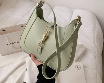Sage Green Vegan Leather Shoulder Bag With Adjustable Strap | Crossbody Handbag