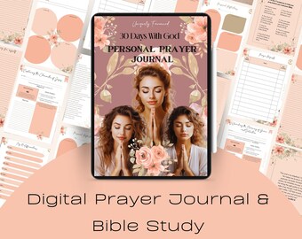 May include: A digital prayer journal and bible study guide with a pink and floral design. The cover features three women praying with the text "Uniquely Farmered 30 Days With God PERSONAL PRAYER JOURNAL".