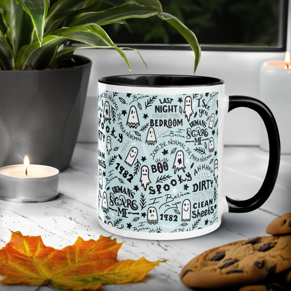 Cute ghost ceramic mug with colour inside ( 11 oz ), Whimsical doodles and quotes, ( 5 colour options  ) spooky 1982 goth gifts for her