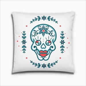 Mid Century,  Mexican skull and flower pillow and cover, Vintage floral skeleton cushion, gifts for goths