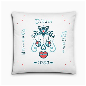 Mid Century,  Mexican skull and flower pillow plus cover, Vintage floral skeleton cushion, 1982 gifts for goths