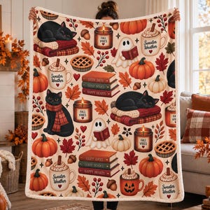 Cozy Fall Blanket, Autumn Pumpkin Ghost. Sherpa Fleece Blanket, Halloween Cat Throw, Book Lover Blanket Gift, Pumpkin Throw Blanket