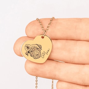 Engraved Pet Portrait Necklace, Dog Heart Necklace, Dog Photo Necklace, Dog Lover Necklace, Cat Charm Necklaces, Pet Name Necklace