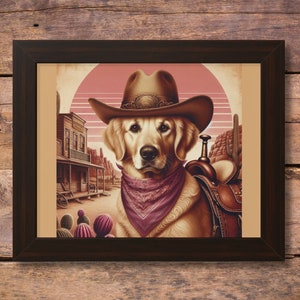 Golden Retriever Art, Western Dog Wall Art, Antique Dog Painting, Vintage Golden Retriever Art, Framed Dog Wall Art, Dog Cowboy Art, Dog Art