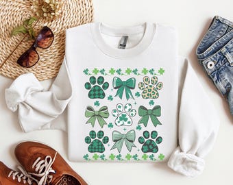 Saint Patricks Day Sweatshirt, Green Bow Shirt, Shamrock Sweatshirt Womens, Coquette St Patricks Sweater, Lucky Dog Mom Sweatshirt