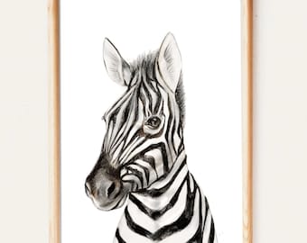 Zebra A4 print taken from original coloured pencil drawing. Cute nursery and home decor