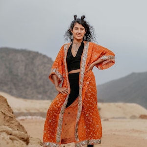 Orange sequin embroidered vintage sari kimono