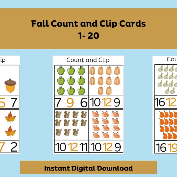 Math Count and Clip Cards 1-20, Fall-Themed Preschool Counting Cards, Homeschool Toddler Activity, Fine Motor Skills, Pre-Kindergarten