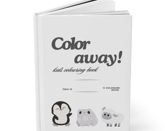 May include: A white, hardcover coloring book titled "Color away! kids colouring book." The cover features a penguin, a frog, and a sheep illustration. The book is open, revealing white pages.