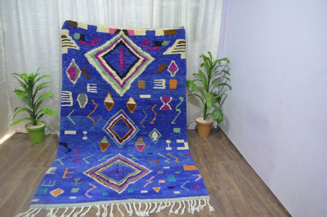 Beautiful Blue Beni Ourain Rug Moroccan Berber Rug Colorful Wool Rug