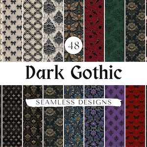 Puede incluir: Una colección de 48 diseños góticos oscuros sin costuras. Los diseños presentan varios patrones, incluyendo lazos, damasco, motivos florales e insectos. Los colores incluyen negro, blanco, rojo, verde y dorado. Se muestra el texto "Dark Gothic" y "Seamless Designs".