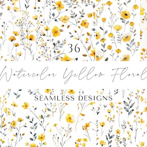 Yellow Watercolor Floral Printable Paper Seamless Shabby Chic Instant Digital Download Floral Wildflower Scrapbook Junk Journal Paper JPG