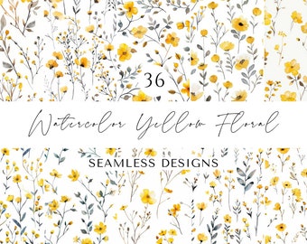 Yellow Watercolor Floral Printable Paper: Shabby Chic Seamless Patterns (Digital Download)