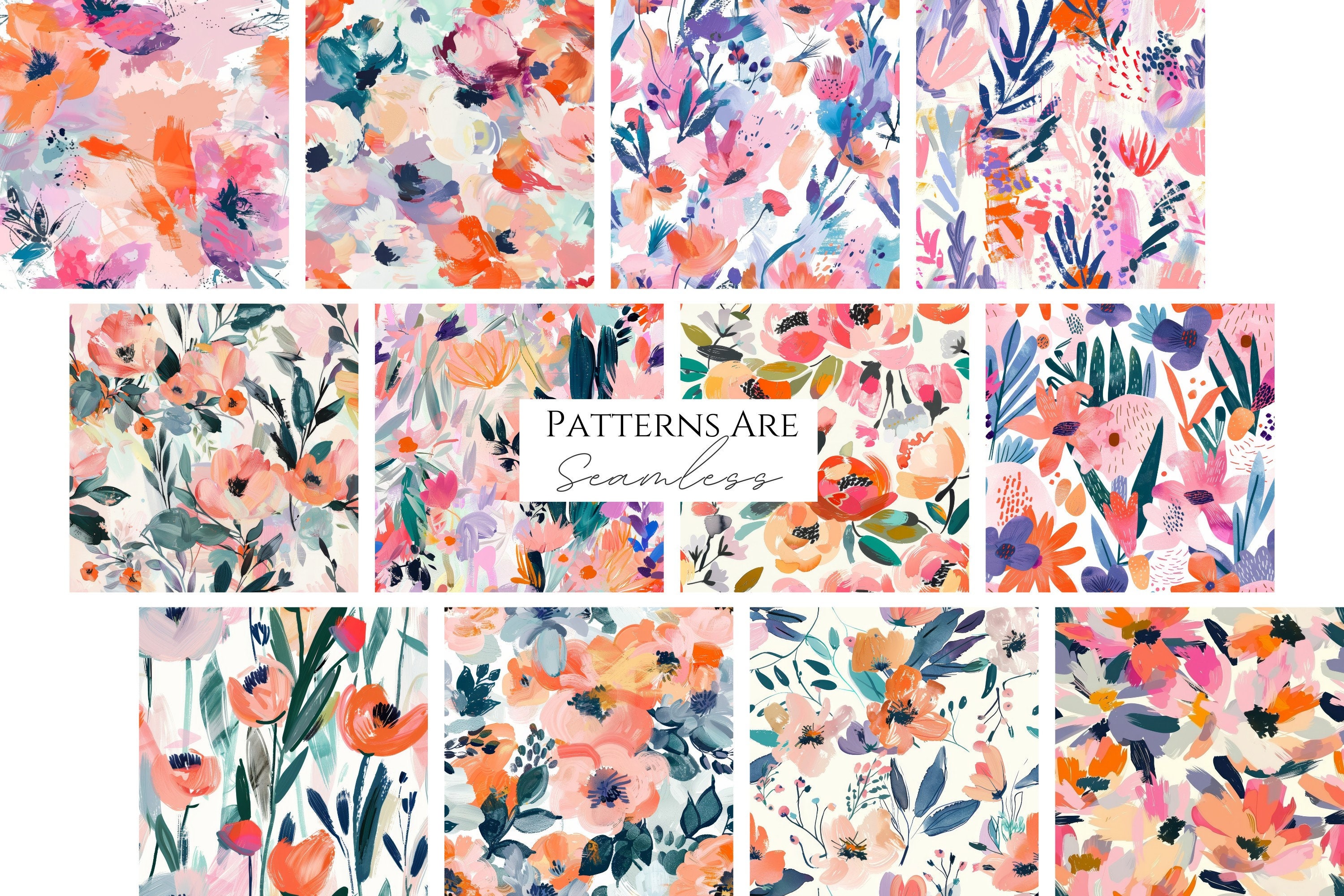 Painted Floral Pattern Set: 36 Seamless Abstract Designs (digital ...