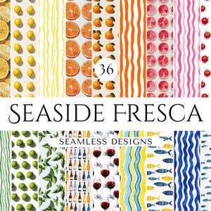 May include: Seamless pattern designs featuring various fruits, vegetables, and other motifs. The designs include lemons, limes, oranges, grapefruits, tomatoes, wine bottles, wine glasses, fish, and wavy lines. The text "SeaSide Fresca Seamless Designs" is displayed at the bottom of the image.