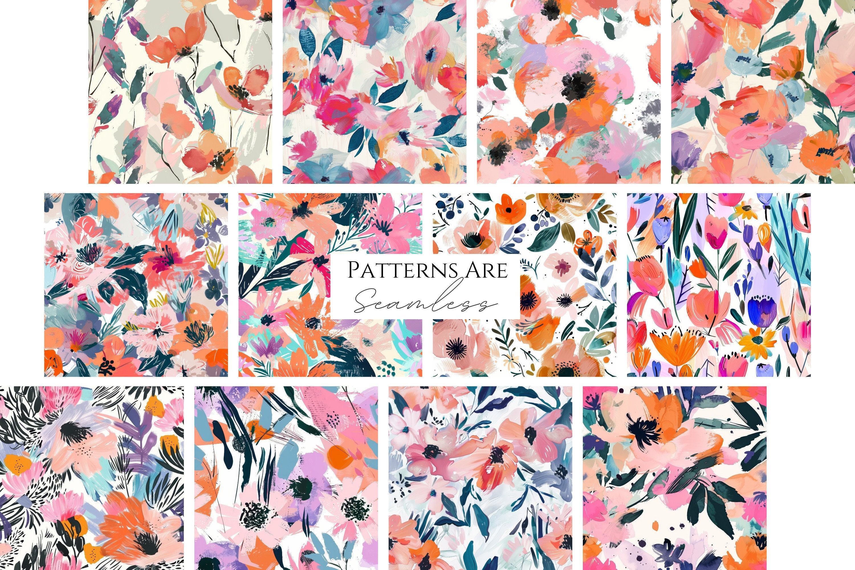 Painted Floral Pattern Set: 36 Seamless Abstract Designs (digital ...