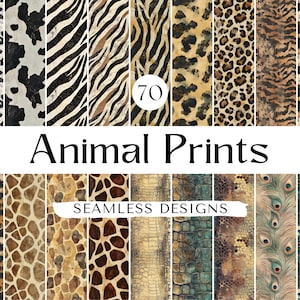 May include: 70 seamless animal print designs.  The designs include zebra, leopard, giraffe, crocodile, peacock, and cow patterns.  The patterns are in shades of brown, black, white, and green.