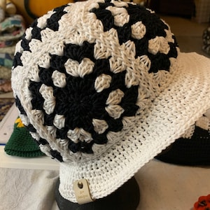 Black and White Granny Square Crochet Bucket Hat