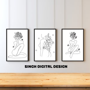 Flower Naked Woman Line Art, Abstract Woman Body Line Drawing, Feminist Wall Art Set, Feminine Woman Poster Set, Minimal Empower Print