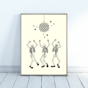 Dancing Skeletons Halloween Wall Art, Elegant Disco Ball Aesthetic Print, Funky Wall Decor, Indie Trendy Poster, Digital Download,