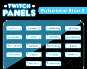 Blue & White Twitch Stream Panels Futuristisch Esthetisch Thema Downloadbare digitale bestanden 18 PNG-bestanden Assets voor Streamers