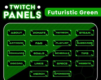 Groene en zwarte Twitch Stream-panelen Futuristisch esthetisch thema Downloadbare digitale bestanden 18 PNG-bestanden Activa voor streamers