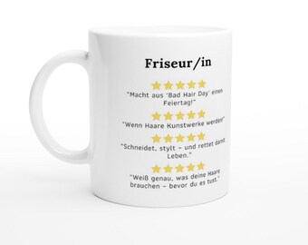 May include: White ceramic mug with a black and yellow design. The mug features the text "Friseur/in" and several five-star ratings with the text "Macht aus 'Bad Hair Day' einen Feiertag!" "Wenn Haare Kunstwerke werden" "Schneidet, stylt - und rettet damit Leben." "Weiß genau, was deine Haare brauchen - bevor du es tust."
