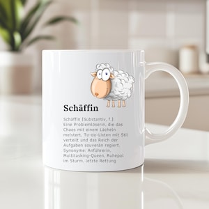 Geschenk Chefin Tasse mit Schaf-Motiv, witzige "Schäffin"-Definition, ideale Geschenkidee Büro, white