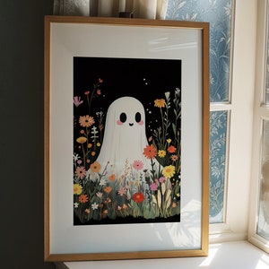 Impresión de fantasmas lindos: pintura espeluznante, póster floral alegre, arte de pared de flores silvestres negras, decoración del hogar, obra de arte de Halloween moderna sin marco, 5 x 7 A4 A3 A2
