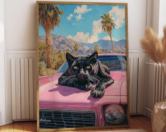 Black Panther Print: Retro Pink Car Wall Art Eclectic Home Decor (Unframed)