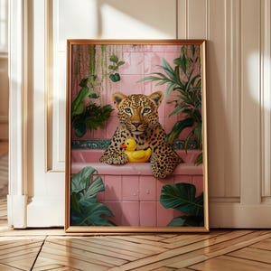 Cheetah in Pink Bath Print: Eclectic Wildlife Bathroom Art Decor (Unframed)