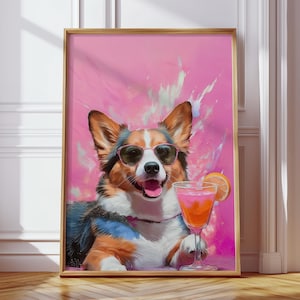 Corgis Druck - Pinkes Cocktail Poster Maximalist Wand Kunst Geschenk für Hunde Liebhaber Zuhause Trendy Bunt Bar Eklektisches Dekor Ungerahmt 5x7 A4 A3 A2