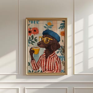 Dog Drinking Coffee Print: Eclectic Kitchen Wall Art Floral Home Decor (Unframed) image 2