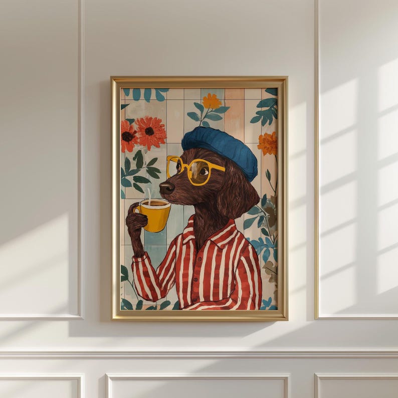 Dog Drinking Coffee Print: Eclectic Kitchen Wall Art Floral Home Decor (Unframed) image 2
