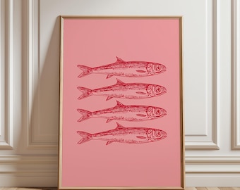 Pink Sardines Art Print: Colorful Fish Line Drawing Home Decor (Unframed)