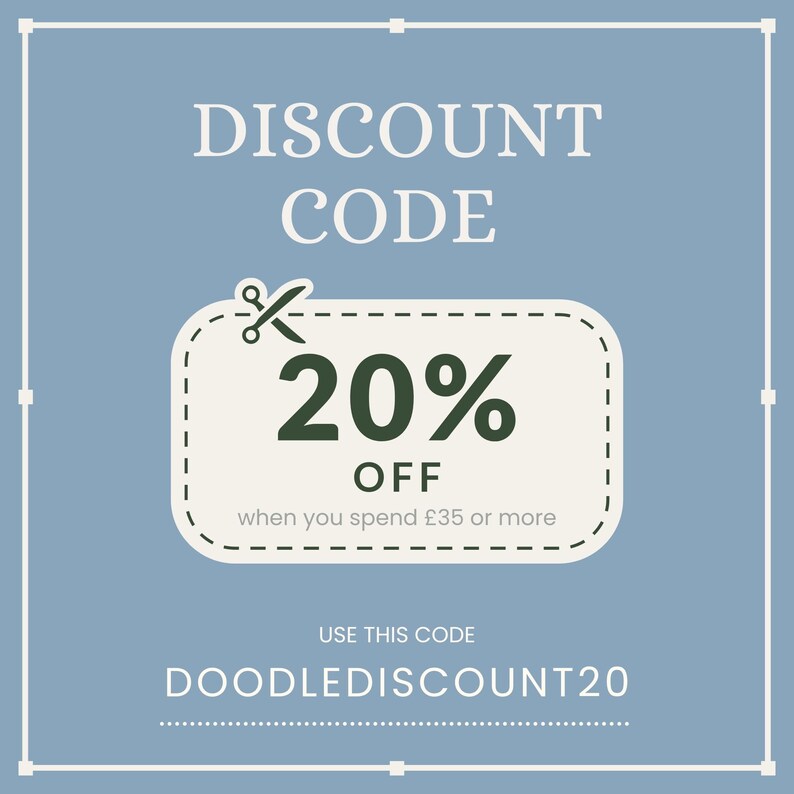 The image is a promotional advertisement for a 20% discount code. It features a white rectangular box with a green percentage symbol and the text "20% OFF" inside it. The text "OFF when you spend £35 or more" is also present. The code "DOOld discount20" is located at the bottom of the image.
