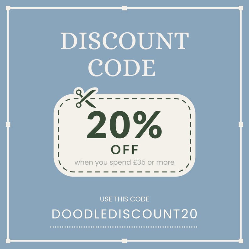 The image is a promotional advertisement for a 20% discount code. It features a white rectangular box with a green percentage symbol and the text "20% OFF" inside it. The text "OFF when you spend £35 or more" is also present. The code "DOOld discount20" is located at the bottom of the image.