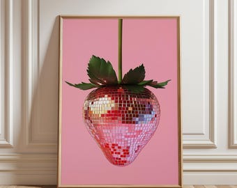 Stampa di fragole con palla da discoteca: decorazione da parete per cucina eclettica, decorazione rosa per la casa (senza cornice)