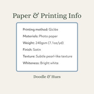 a list of information about paper and printing, including the printing method, materials, weight, finish, texture, whiteness, and the company's name, Doodle & Hues. The image is a single, unbroken unit, and there are no additional images or descriptions provided.