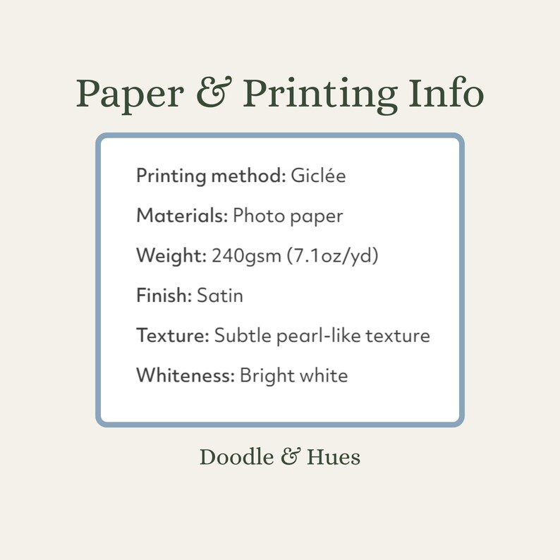 a list of information about paper and printing, including the printing method, materials, weight, finish, texture, whiteness, and the company's name, Doodle & Hues. The image is a single, unbroken unit, and there are no additional images or descriptions provided.