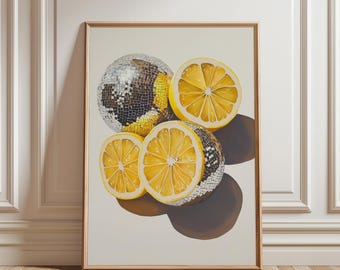 Disco Ball Lemon Kitchen Print: Eclectic Yellow Home Decor Fruit Art (Unframed)