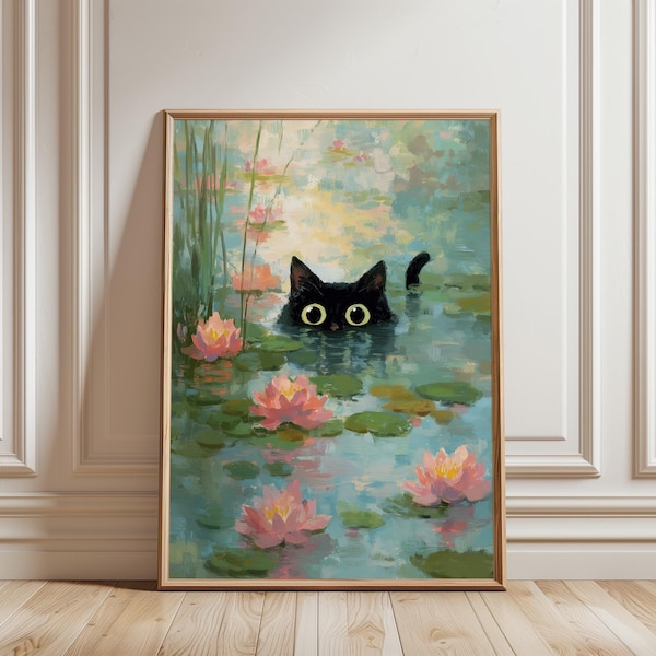 Black Cat Art Print: Monet Water Lilies Vintage Home Decor (Unframed)