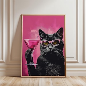 Funny Black Cat Cocktail Print: Eclectic Home Bar Wall Art Pink Home Decor (Unframed)
