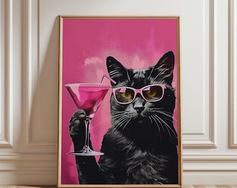 Funny Black Cat Cocktail Print: Eclectic Home Bar Wall Art Pink Home Decor (Unframed)
