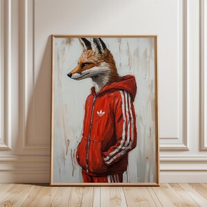 Raposa de fato de treino estampada: Arte de parede urbana com animais desportivos, decoração eclética para casa (sem moldura)